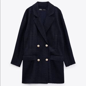 Zara Wool Blend Navy Coat Contrast Buttons New